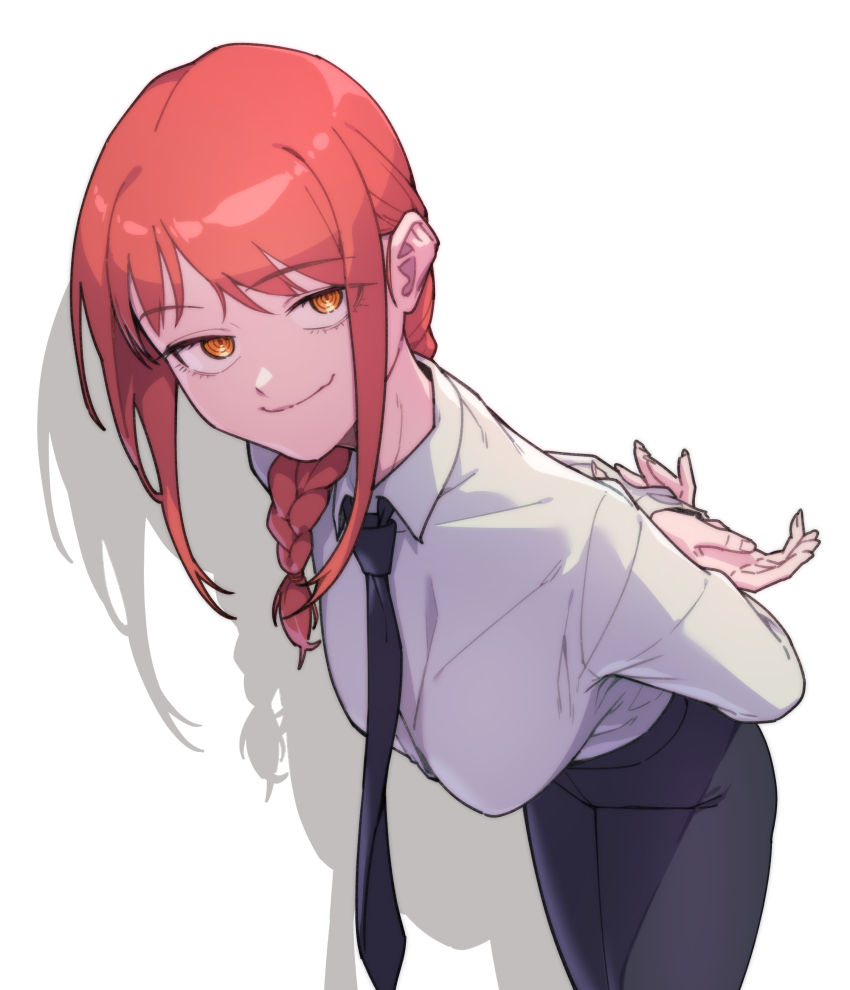 1girl, absurdres, arms_behind_back, bent_over, black_necktie, black_pants, braid, breasts, chainsaw_man, closed_mouth, collared_shirt, cowboy_shot, drop_shadow, fingernails, highres, leaning_forward, looking_at_viewer, makima_(chainsaw_man), necktie, pants, red_hair, ringed_eyes, sake_goroke, shirt, shirt_tucked_in, sidelocks, simple_background, single_braid, smile, solo, white_background, white_shirt, yellow_eyes