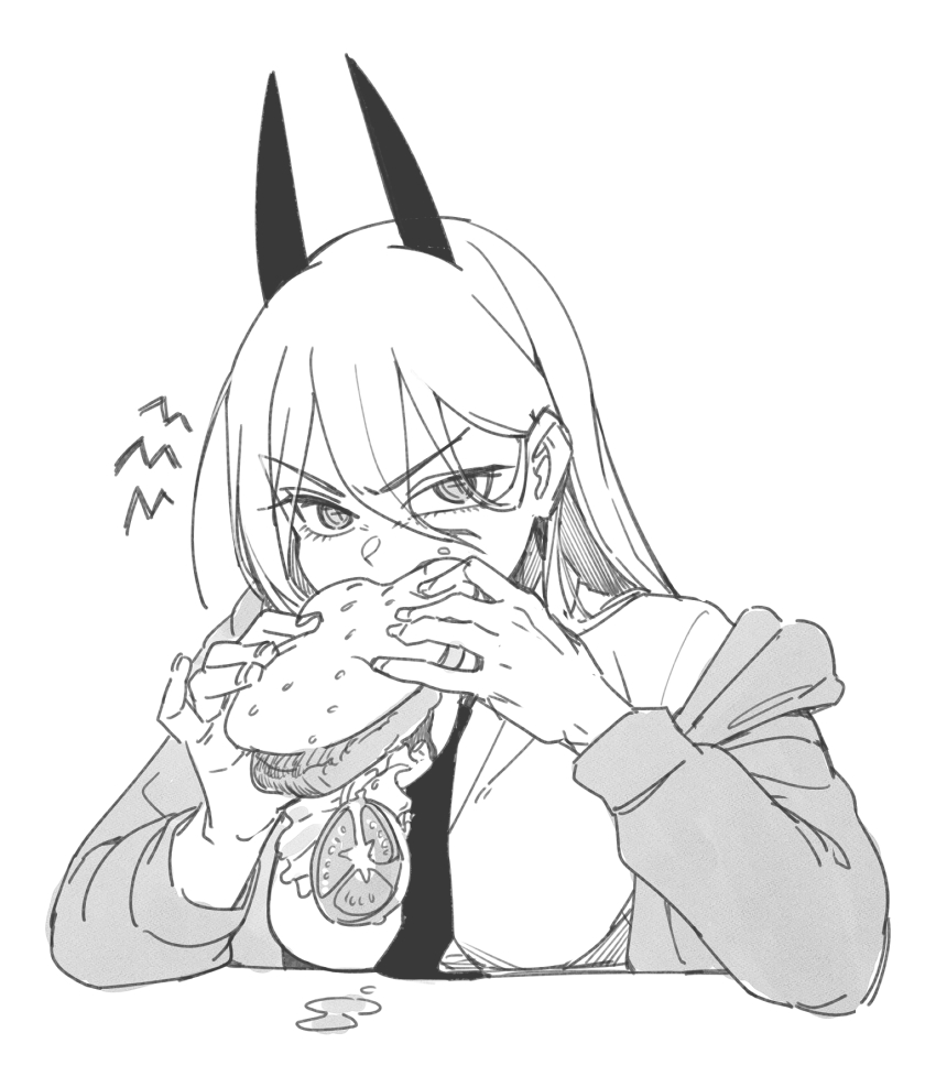 1girl, breasts, burger, burger_malfunction, chainsaw_man, cross-shaped_pupils, demon_horns, eating