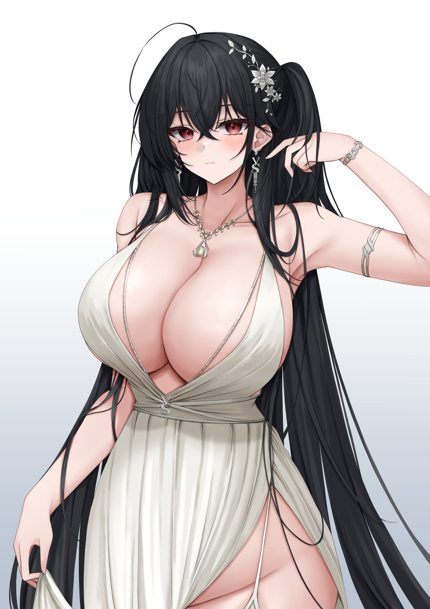 1girl, absurdres, ahoge, azur_lane, bare_shoulders, black_hair, blush, breasts, cleavage, collarbone, crossed_bangs, dress, hair_between_eyes, highres, huge_breasts, large_breasts, long_hair, looking_at_viewer, red_eyes, solo, taihou_(azur_lane), taihou_(temptation_on_the_sea_breeze)_(azur_lane), ueyama_0clock, very_long_hair, white_dress