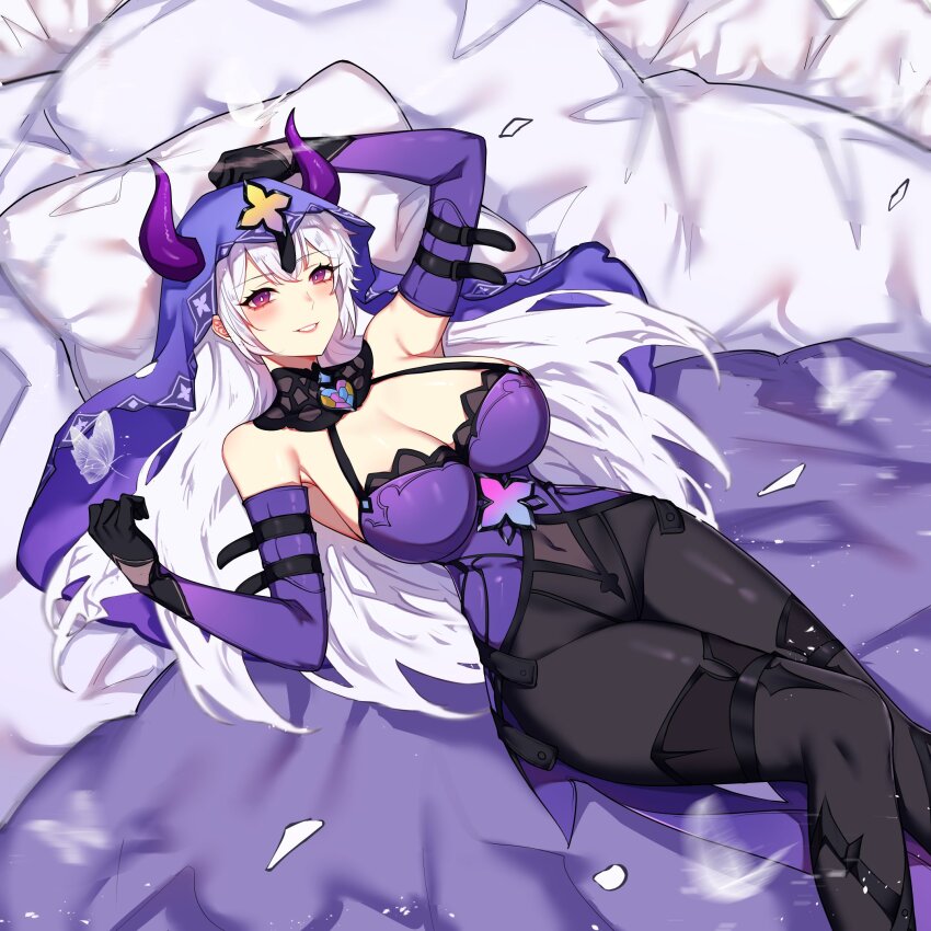 1girl, anandaname, arm_up, bare_shoulders, black_gloves, black_pantyhose, black_swan_(honkai:_star_rail), black_swan_(honkai:_star_rail)_(cosplay)