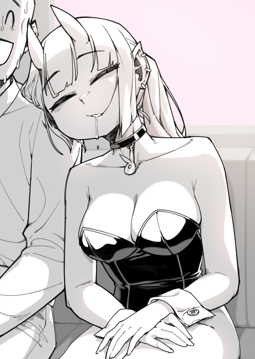 1boy, 1girl, absurdres, bare_arms, bare_shoulders, black_choker, breasts, choker