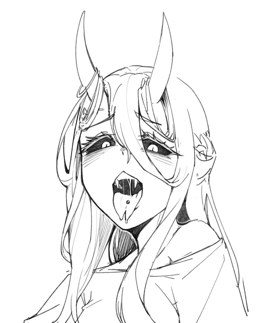 1girl, colored_sclera, demon_horns, fangs, forked_tongue, greyscale, hair_between_eyes, highres, horns, long_hair, looking_at_viewer, monochrome, original, piercing, portrait, sake_goroke, saliva, shirt, single_bare_shoulder, slit_pupils, solo, tongue, tongue_out, tongue_piercing
