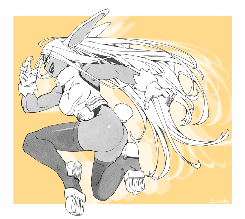 1girl, animal_ears, armpits, artist_name, ass, boku_no_hero_academia, border, breasts, dark-skinned_female, dark_skin, fur_collar, gloves, hand_up, highres, leotard, mirko, open_mouth, outside_border, rabbit_ears, rabbit_tail, round_teeth, sake_goroke, solo, tail, teeth, thighhighs, thighs, upper_body, white_border, yellow_background