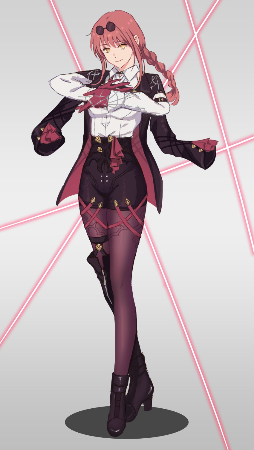 1girl, absurdres, artemis_(moonelysium), asymmetrical_footwear, black_boots, black_jacket, black_shorts, boots