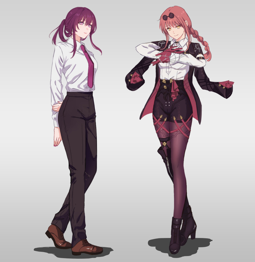 2girls, absurdres, arms_behind_back, artemis_(moonelysium), asymmetrical_footwear, black_footwear, black_jacket, black_pants, black_shorts, boots, braid, braided_ponytail, brown_footwear, chainsaw_man, commentary, cosplay, costume_switch, english_commentary, eyewear_on_head, full_body, gloves, grey_background, high_heel_boots, high_heels, highres, honkai:_star_rail, honkai_(series), jacket, kafka_(honkai:_star_rail), kafka_(honkai:_star_rail)_(cosplay), long_hair, long_sleeves, looking_at_viewer, low_ponytail, makima_(chainsaw_man), makima_(chainsaw_man)_(cosplay), multiple_girls, necktie, open_clothes, open_jacket, own_hands_together, pants, pantyhose, pantyhose_under_shorts, pink_hair, ponytail, purple_eyes, purple_gloves, purple_hair, purple_necktie, purple_pantyhose, shirt, shoes, short_shorts, shorts, simple_background, smile, standing, sunglasses, thighs, white_shirt, yellow_eyes