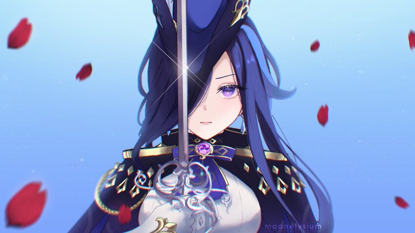 1girl, artemis_(moonelysium), ascot, blue_background, blue_hair, clorinde_(genshin_impact), commentary, genshin_impact