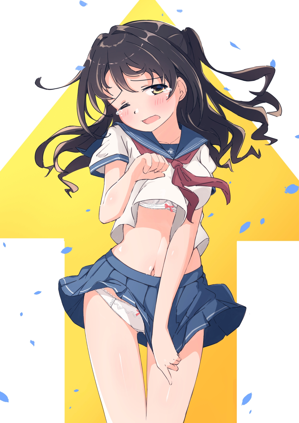 1girl, blue_skirt, bra, brown_eyes, brown_hair, embarrassed, highres, idolmaster