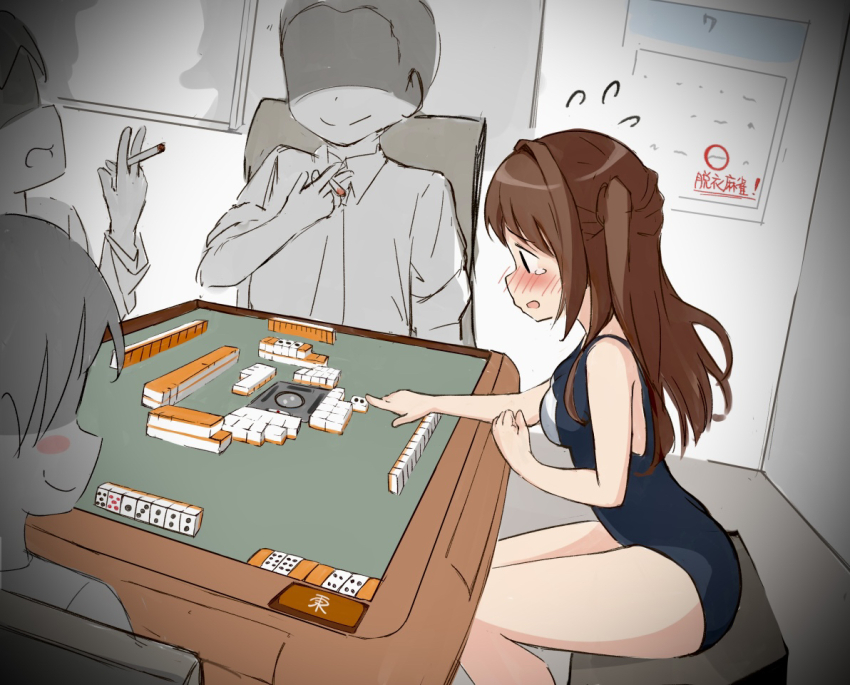 1girl, 3girls, blush, breasts, brown_eyes, brown_hair, embarrassed, idolmaster, idolmaster_cinderella_girls, kuwahara, mahjong, mahjong_table, mahjong_tile, medium_breasts, multiple_girls, old_school_swimsuit, school_swimsuit, school_uniform, shimamura_uzuki, silhouette, sitting, strip_game, strip_mahjong, swimsuit, table, tearing_up, tears
