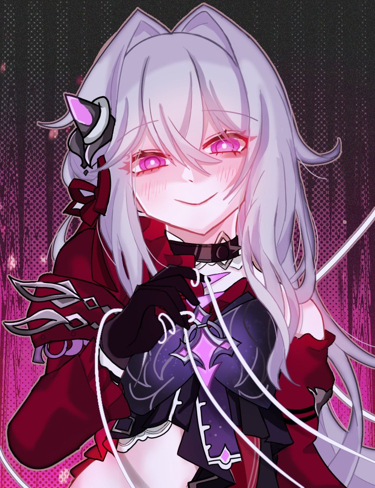 1girl, black_choker, black_gloves, blush, bright_pupils, choker, cross, dark_background, evil_smile, gloves, glowing, glowing_eyes, hair_ribbon, honkai_(series), honkai_impact_3rd, jacket, long_hair, long_sleeves, looking_at_viewer, naughty_face, purple_eyes, purple_ribbon, red_jacket, red_ribbon, ribbon, saewon, simple_background, smile, solo, solo_focus, string, thelema_nutriscu, thelema_nutriscu_(mad_pleasure:_shadowbringer), upper_body, white_hair, white_pupils