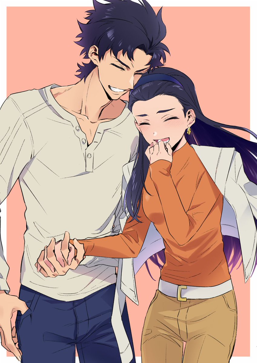 1boy, 1girl, belt, blue_hairband, border, brown_pants, closed_eyes, coat