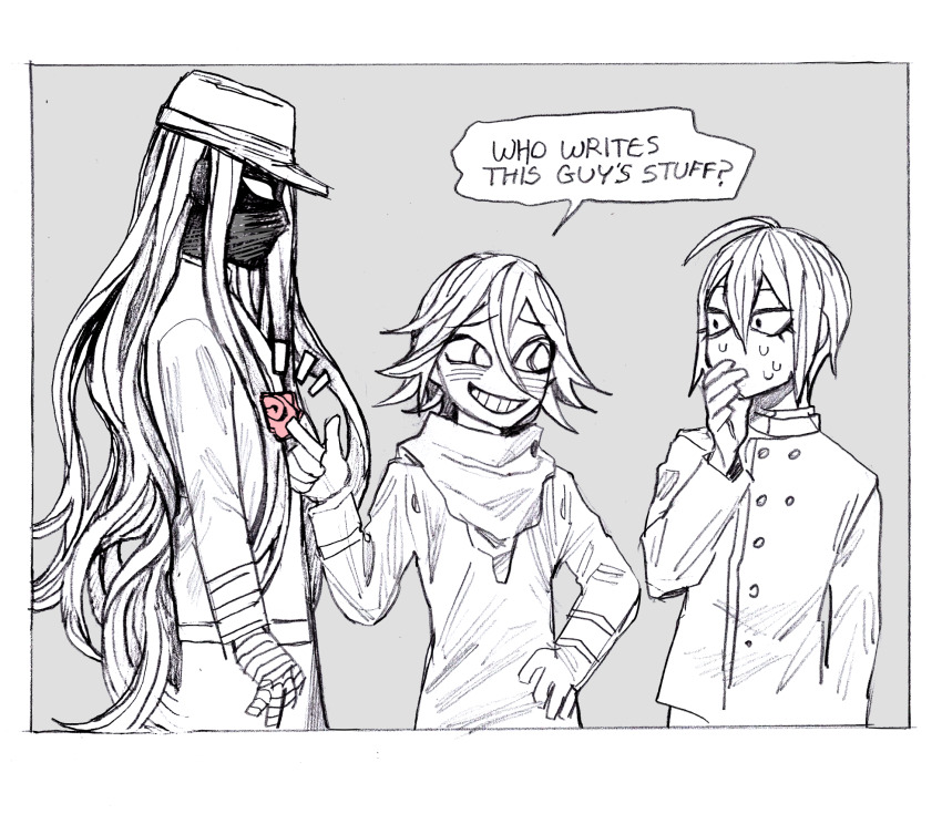 3boys, ahoge, border, chewing_gum, commentary, danganronpa_(series), danganronpa_v3:_killing_harmony, digging_your_own_grave