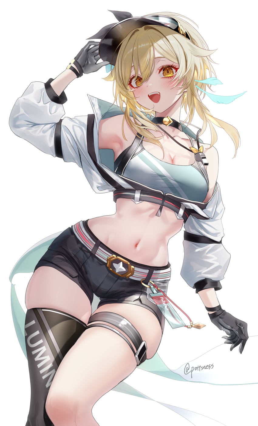 1girl, :d, absurdres, aegyo_sal, alternate_costume, black_gloves, black_shorts, black_thighhighs, blonde_hair, breasts, commentary_request, crop_top, cropped_jacket, flower, genshin_impact, gloves, hair_flower, hair_ornament, highres, jacket, lumine_(genshin_impact), lumine_(teyvat_turboflux)_(genshin_impact), medium_breasts, navel, off_shoulder, open_mouth, pottsness, short_hair_with_long_locks, short_shorts, shorts, single_thighhigh, smile, thigh_strap, thighhighs, visor_cap, white_background, white_jacket, yellow_eyes