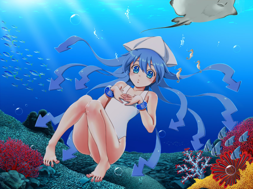 1girl, bad_id, bad_pixiv_id, barefoot, blue_eyes, blue_hair, coral, female_focus