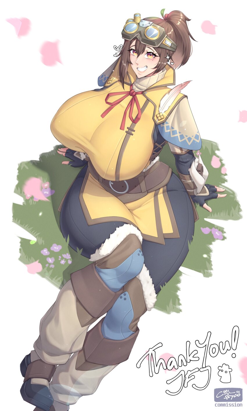 1girl, absurdres, alternate_breast_size_(larger), black_gloves, black_pants, breasts, brown_eyes, brown_hair, capelet, commentary, commission, coolpsyco, curvy, english_commentary, english_text, falling_petals, fingerless_gloves, full_body, gloves, goggles, goggles_on_head, grass, handler_(monster_hunter_world), highres, huge_breasts, knee_pads, leg_warmers, looking_at_viewer, medium_hair, monster_hunter:_world, monster_hunter_(series), on_ground, pants, petals, ponytail, short_ponytail, sitting, smile, solo, thank_you, thick_thighs, thighs, tunic, yellow_tunic