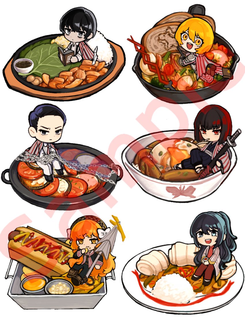 3boys, 3girls, blonde_hair, bowl, chain, chains_of_others_(e.g.o), chicken_(food), chips_(food)