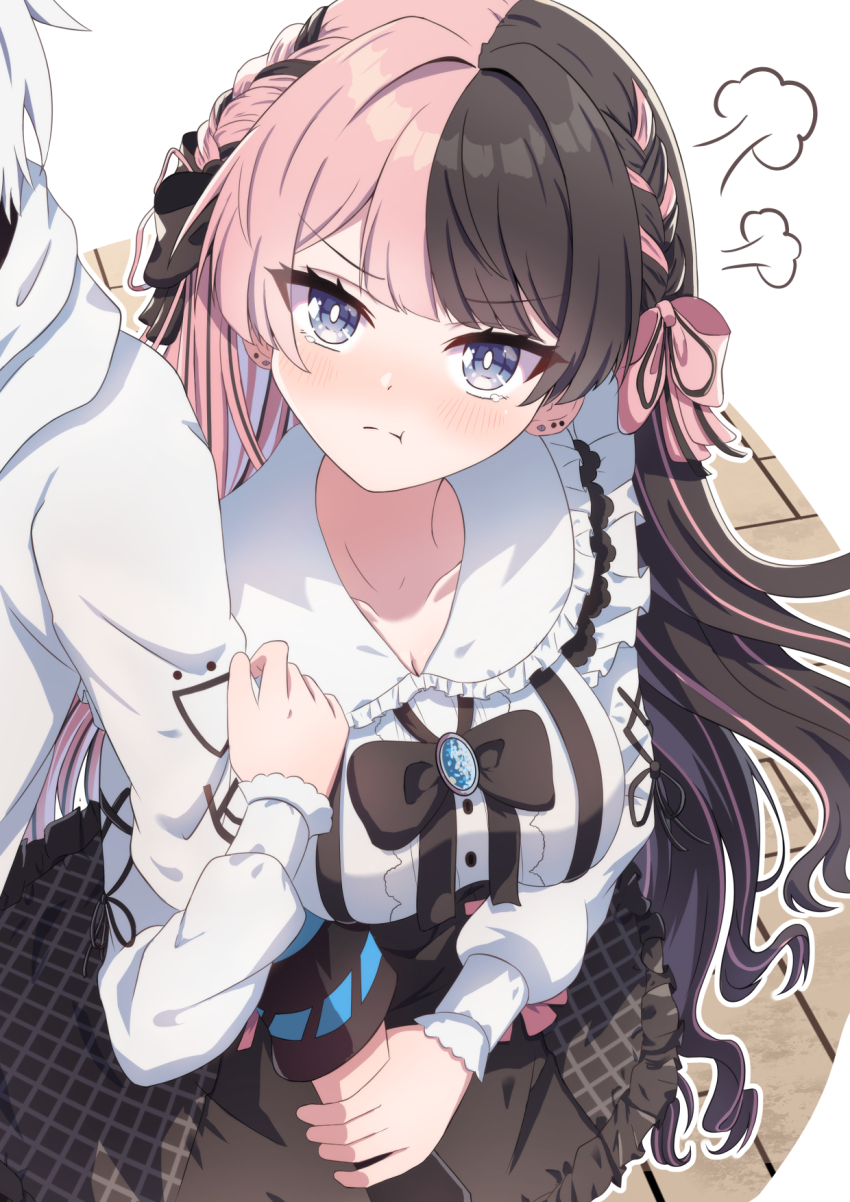 1boy, 1girl, :t, arm_hug, black_bow, black_hair, black_skirt, blue_eyes