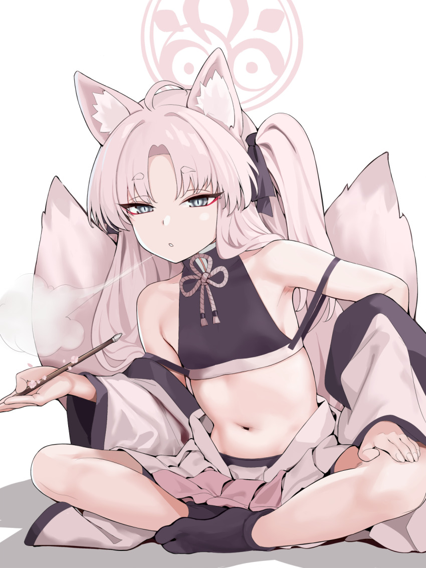 1girl, animal_ear_fluff, animal_ears, bare_shoulders, blue_archive, breasts, eyeshadow, fox_ears, fox_girl, fox_tail, grey_eyes, halo, highres, holding, holding_smoking_pipe, hoshiya_takahito, japanese_clothes, kiseru, kuzunoha_(blue_archive), long_hair, looking_at_viewer, makeup, midriff, multiple_tails, navel, open_clothes, parted_bangs, pleated_skirt, simple_background, sitting, skirt, small_breasts, smoking_pipe, solo, stomach, tail, two_side_up, white_background, white_hair