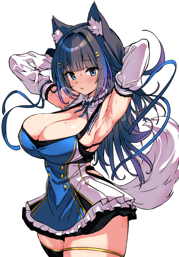 1girl, :o, animal_ears, armpits, asymmetrical_legwear, black_hair, black_thighhighs, blue_dress
