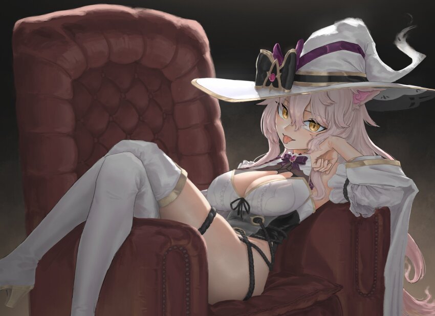 1girl, absurdres, animal_ears, armchair, black_background, black_leotard, boots, bow