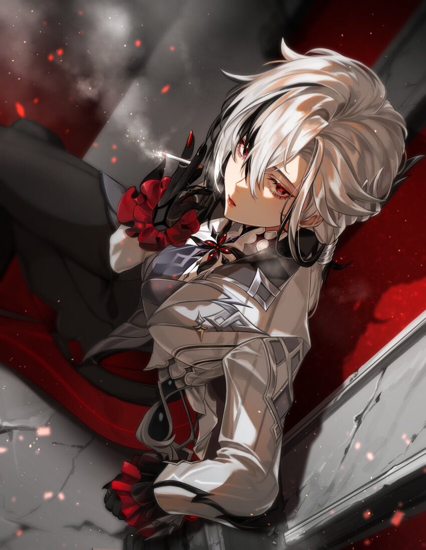 1girl, absurdres, arlecchino_(genshin_impact), black_hair, black_pants, cigarette, coat, commentary