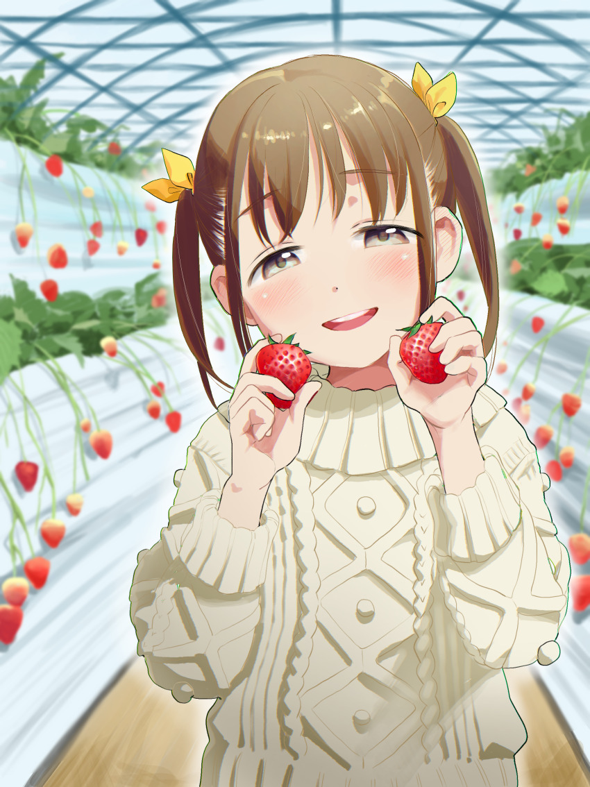 1girl, :d, absurdres, aran_sweater, blush, bow, brown_hair, cable_knit