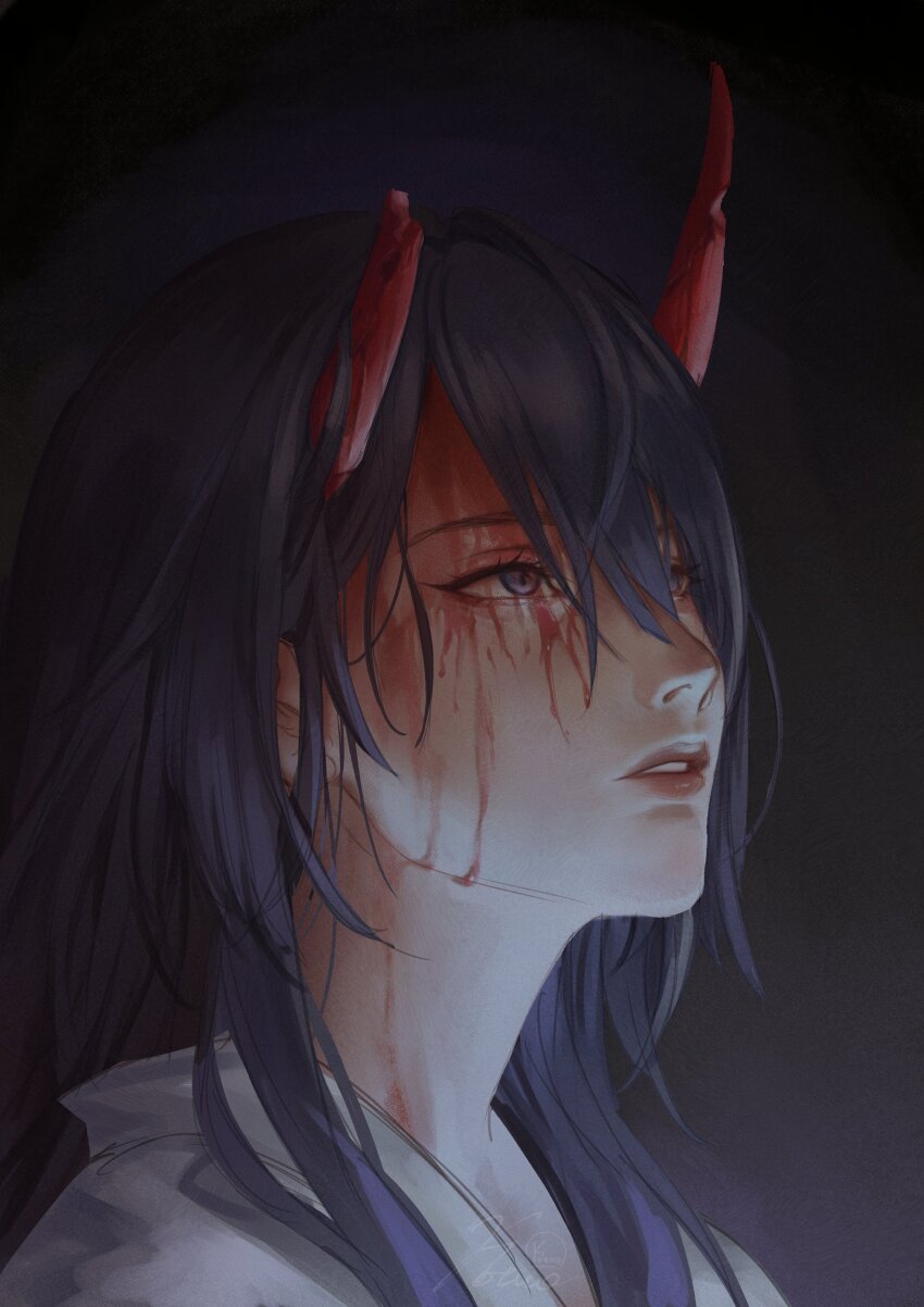 1girl, absurdres, acheron_(honkai:_star_rail), acheron_(izumo)_(honkai:_star_rail), blood, blood_on_face, broken_horn, hair_between_eyes, highres, honkai:_star_rail, honkai_(series), horns, japanese_clothes, kimono, kokotuo, long_hair, looking_up, open_mouth, parted_lips, purple_eyes, purple_hair, red_horns, red_lips, solo