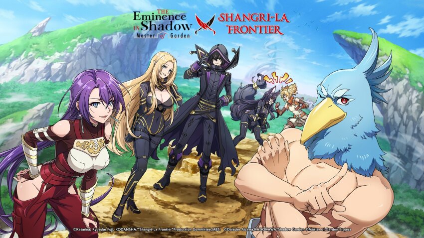 alpha_(kagejitsu), arthur_pencilgon_(shangri-la_frontier), blonde_hair, blue_eyes, breasts, cleavage, highres, kage_no_jitsuryokusha_ni_naritakute!, large_breasts, long_hair, official_art, oikatzo_(shangri-la_frontier), pointy_ears, shangri-la_frontier, sunraku