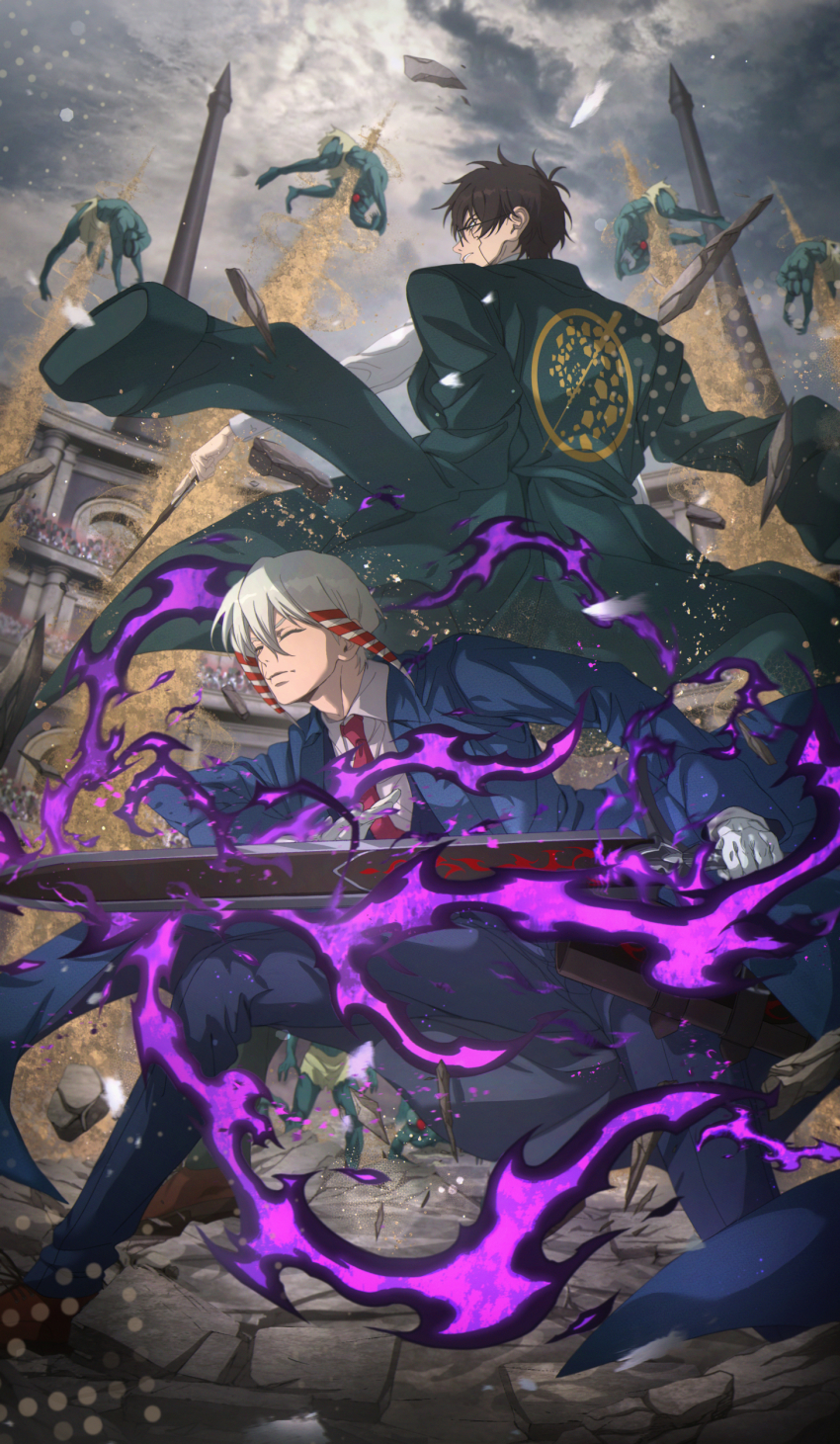 2boys, absurdres, arena, battle, black_hair, black_robe, collared_shirt, gloves