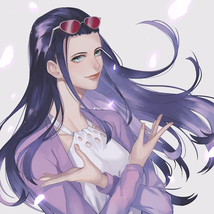 1girl, black_hair, blue_eyes, cardigan, crossed_arms, dress, eyewear_on_head, floating_hair