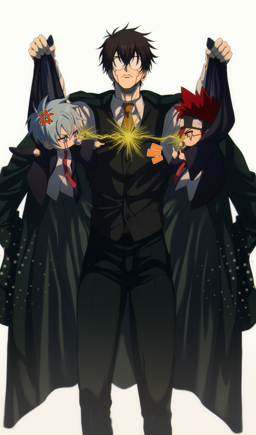 3boys, absurdres, aged_down, black_hair, black_pants, black_robe, black_vest, blue_eyes
