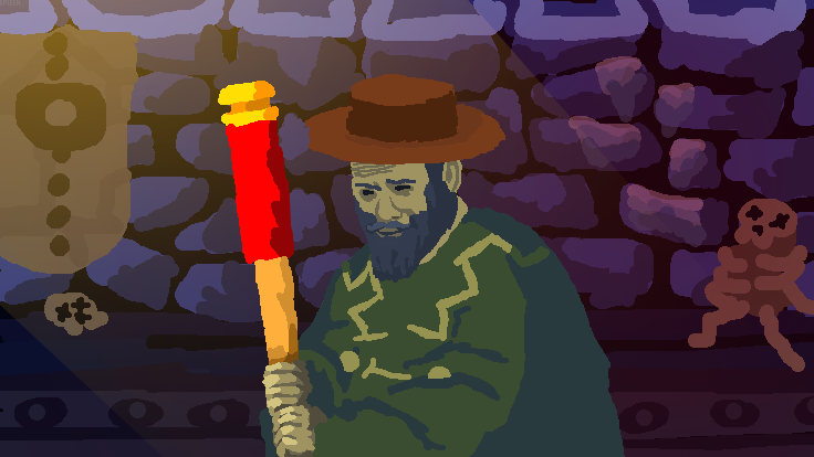 1boy, artist_request, banner, baseball_bat, beard, black_eyes, black_hair, brick_wall