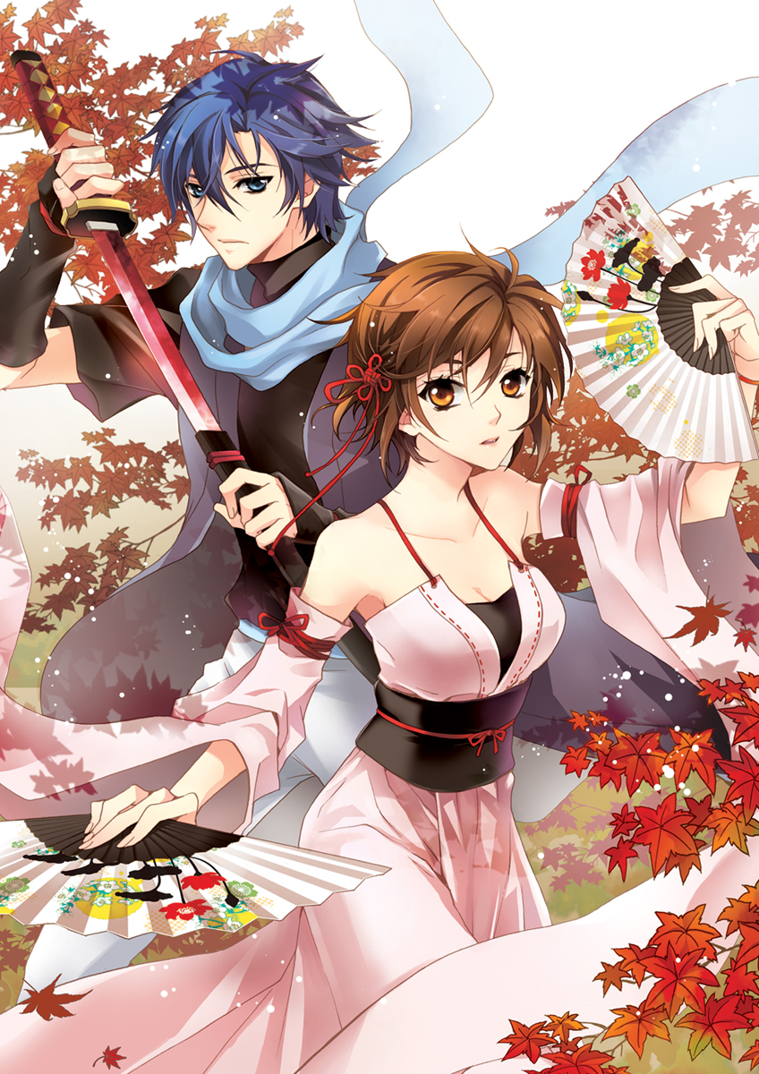 1boy, 1girl, blue_eyes, blue_hair, blue_scarf, brown_eyes, brown_hair, detached_sleeves, dual_wielding, folding_fan, hair_ornament, hand_fan, highres, holding, japanese_clothes, kaito_(vocaloid), katana, kimono, leaf, m-ca, maple_leaf, mca_(dessert_candy), meiko_(vocaloid), scarf, sheath, short_hair, sword, tsugai_kogarashi_(vocaloid), unsheathing, vocaloid, weapon