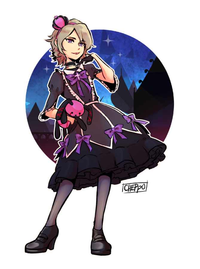 1boy, artist_name, black_dress, black_gloves, bow, cheppo, choker, commentary