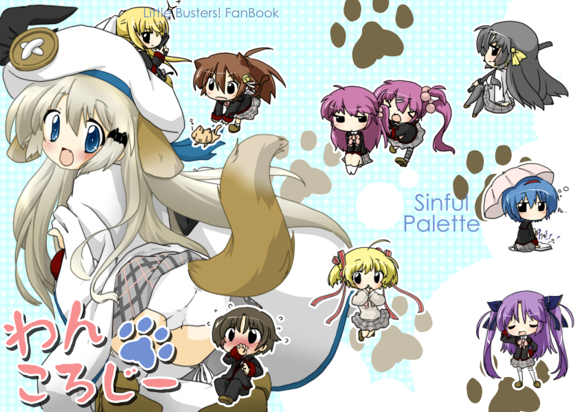 1boy, 6+girls, animal_ears, ass, blonde_hair, blue_eyes, cape, chibi