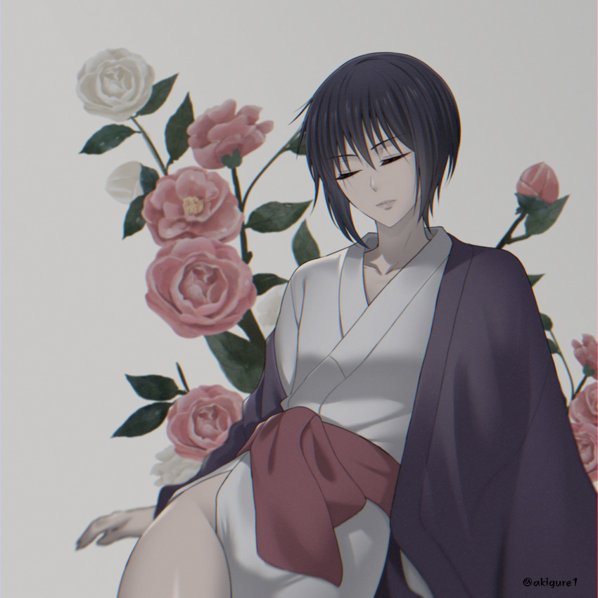 akigure1, breasts, camellia, closed_eyes, flower, fruits_basket, haori, highres