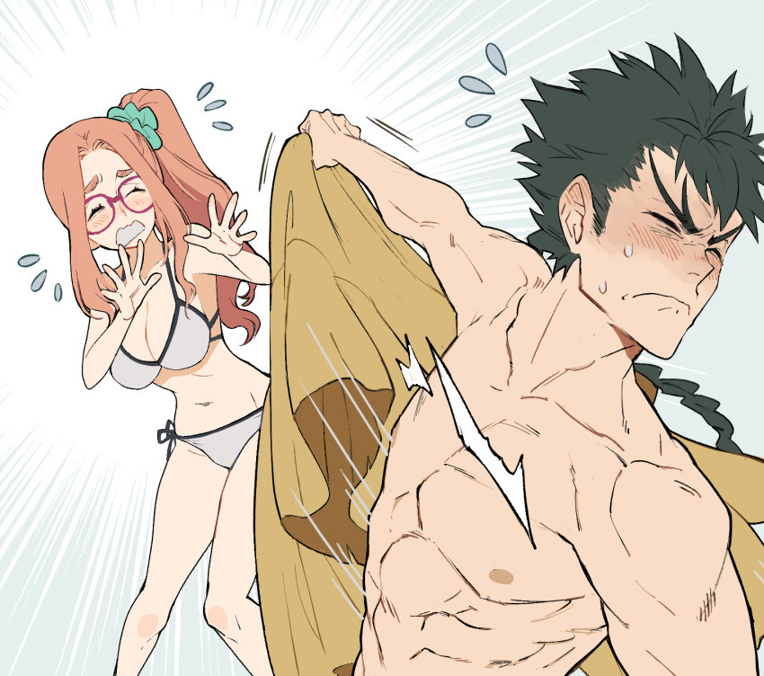 1boy, 1girl, alternate_costume, bikini, black_hair, braid, closed_eyes, dougi, embarrassed, emphasis_lines, etrian_odyssey, flying_sweatdrops, glasses, goeppe, hands_up, highres, long_hair, monk_(sekaiju), monk_5_(sekaiju), motion_lines, orange_hair, red-framed_eyewear, removing_jacket, sekaiju_no_meikyuu, sekaiju_no_meikyuu_3, sekaiju_no_meikyuu_hd, side_ponytail, single_braid, spiked_hair, sweat, sweatdrop, swimsuit, topless_male, white_bikini, zodiac_(sekaiju), zodiac_5_(sekaiju)