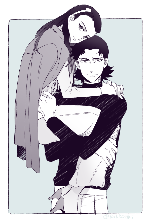 1boy, 1girl, black_sweater, border, brother_and_sister, carrying, coat, dress, family, grey_background, grey_coat, greyscale, high_heels, hug, kakkoaki, lifting_person, long_hair, long_skirt, medium_hair, megalobox, monochrome, shirato_mikio, shirato_yukiko, siblings, simple_background, skirt, smile, sweater, third-party_source, twitter_username, white_border, white_dress, white_skirt