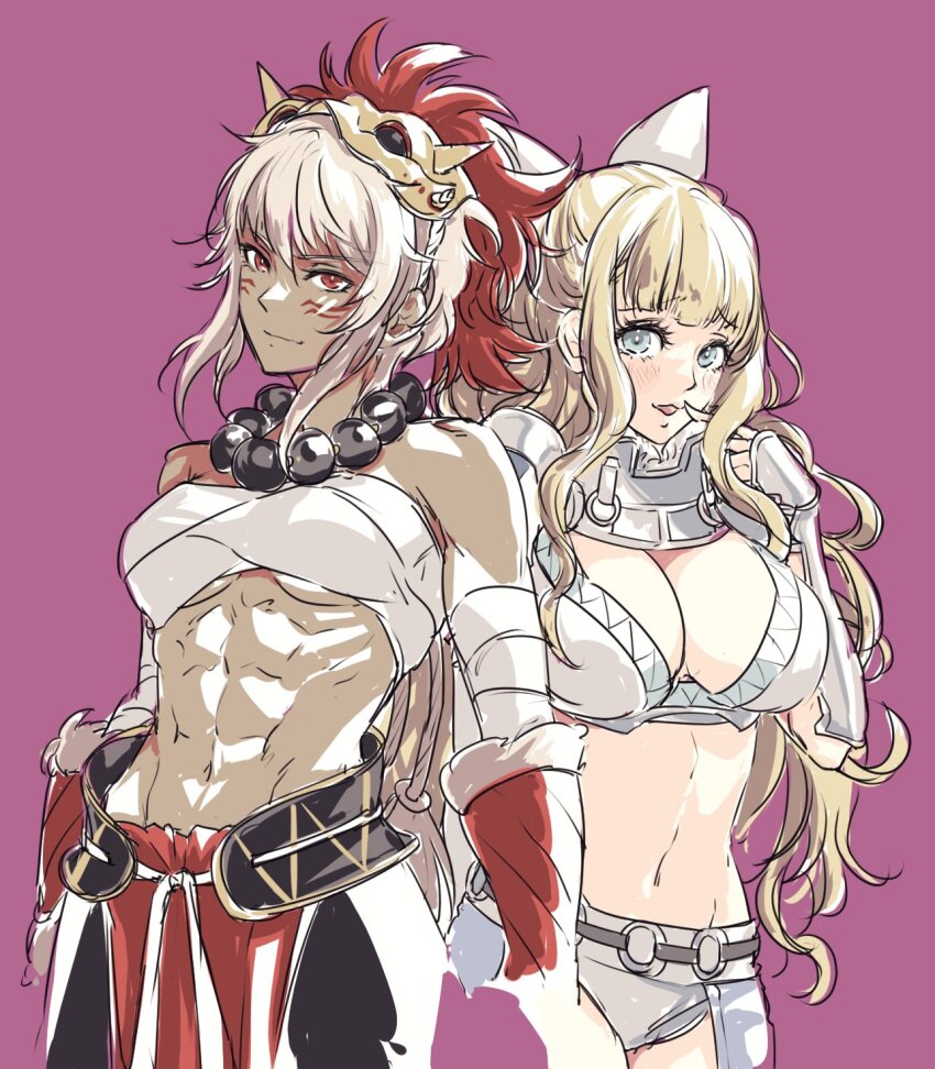 2girls, armor, bead_necklace, beads, biceps, bikini_armor, blonde_hair, blue_eyes, bow, breasts, charlotte_(fire_emblem), chest_sarashi, cleavage, fire_emblem, fire_emblem_fates, highres, jewelry, mask, mask_on_head, multiple_girls, muscular, muscular_female, necklace, nintendo, obliques, pauldrons, red_eyes, rinkah_(fire_emblem), sarashi, shoulder_armor, umi_(oneinchswing), wavy_hair, white_bow, white_hair