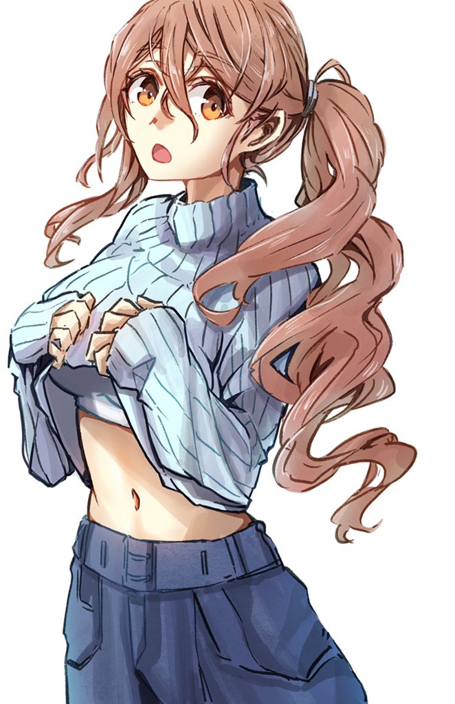 1girl, blue_pants, blue_sweater, breasts, brown_eyes, brown_hair, clothes_lift, hair_between_eyes