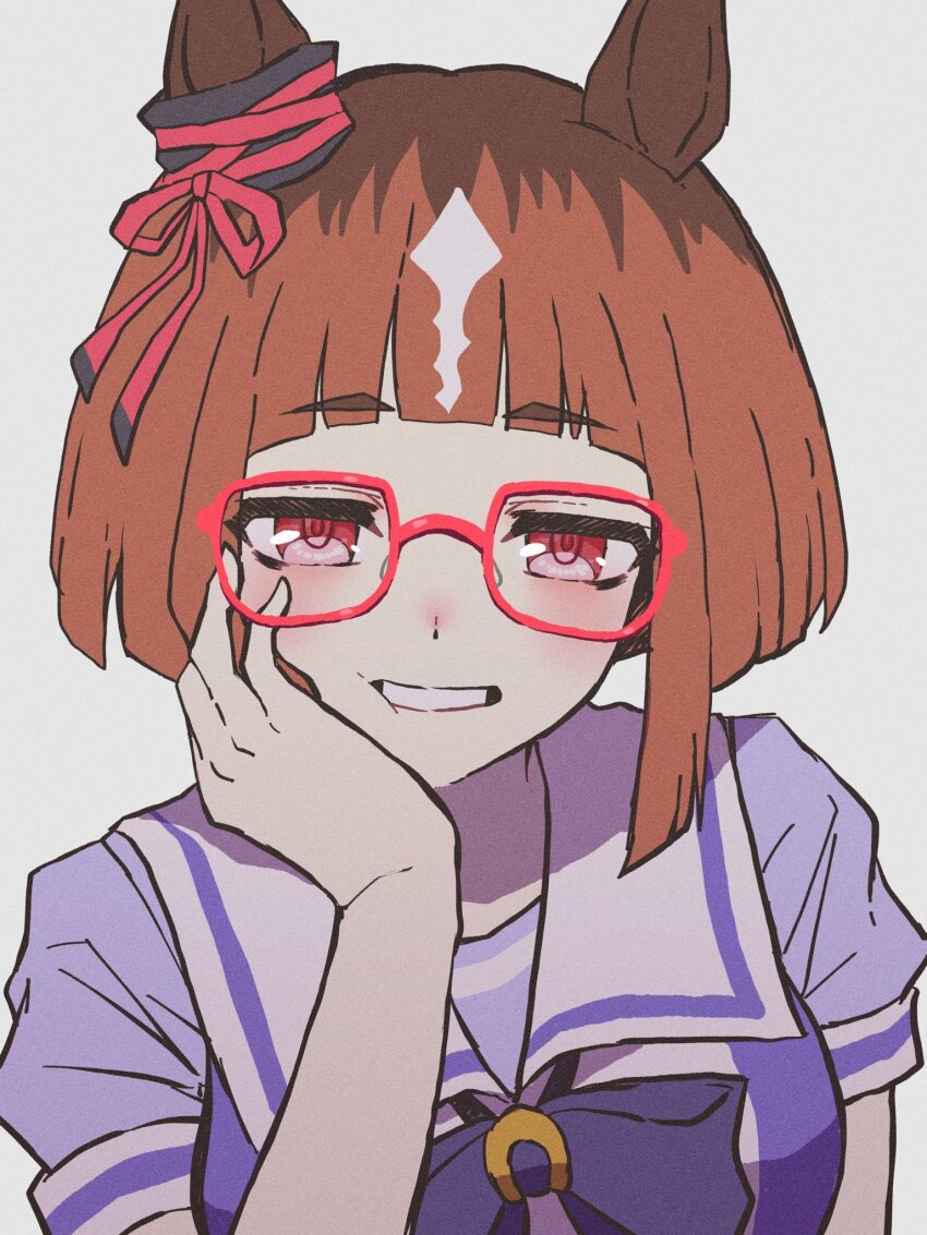 1girl, animal_ears, bow, bowtie, breasts, brown_hair, ear_ornament, glasses, head_rest, highres, horse_ears, horse_girl, large_breasts, long_sleeves, looking_at_viewer, multicolored_hair, nenbutsu_0416, puffy_short_sleeves, puffy_sleeves, purple_bow, purple_bowtie, purple_shirt, red_eyes, sailor_collar, sailor_shirt, school_uniform, shirt, short_hair, short_sleeves, simple_background, smile, solo, tracen_school_uniform, transcend_(umamusume), umamusume, white_background, white_hair