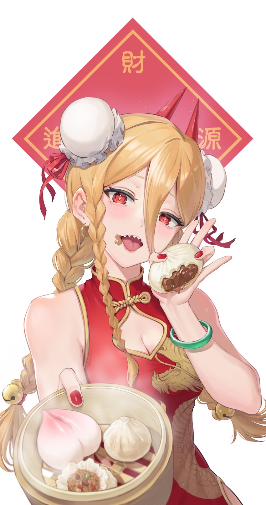 1girl, absurdres, alternate_breast_size, alternate_hairstyle, steamed_bun, blonde_hair, bracelet, braid