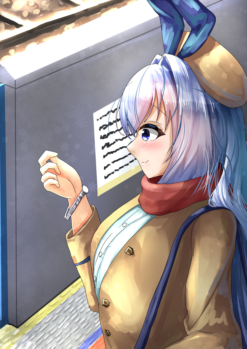 1girl, alternate_costume, animal_ears, azur_lane, beret, blue_eyes, blue_hair, buttons, coat, fake_animal_ears, fake_bunny_ears, hair_intakes, hat, highres, jelilianamiku, jewelry, long_hair, looking_at_hand, looking_at_watch, new_jersey_(azur_lane), note, railway, railway_station, scarf, shirt, train_station, wall