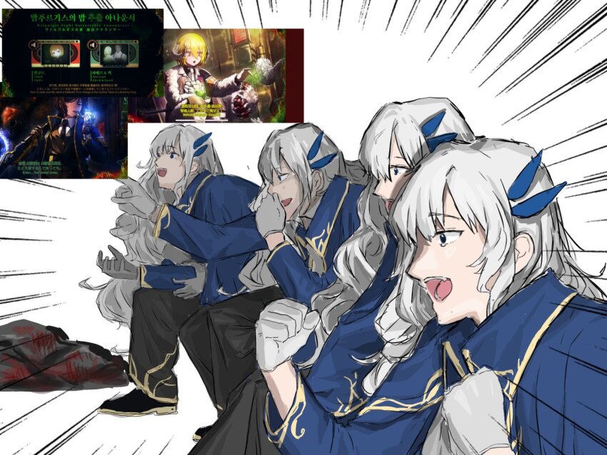 4boys, argalia_(project_moon), black_footwear, black_pants, blue_cape, blue_jacket, cape, clone