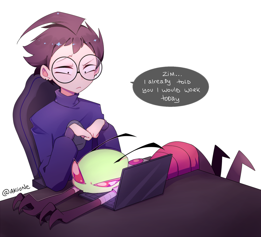 2boys, alien, animification, artist_name, black_hair, blue_shirt, chair, colored_skin