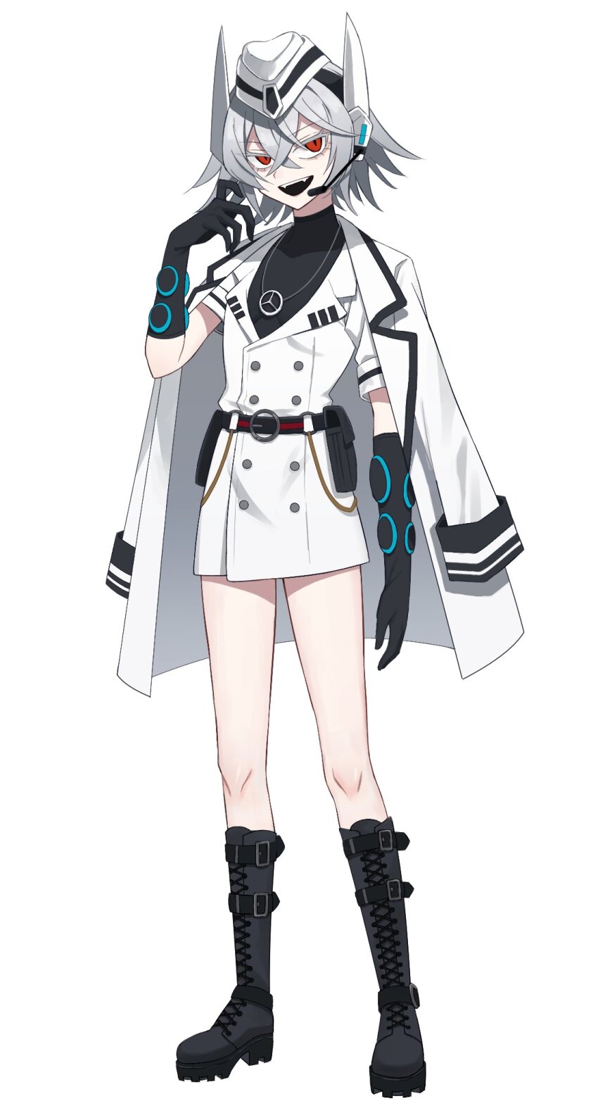 1girl, belt, black_belt, black_boots, black_gloves, boots, breasts, fangs