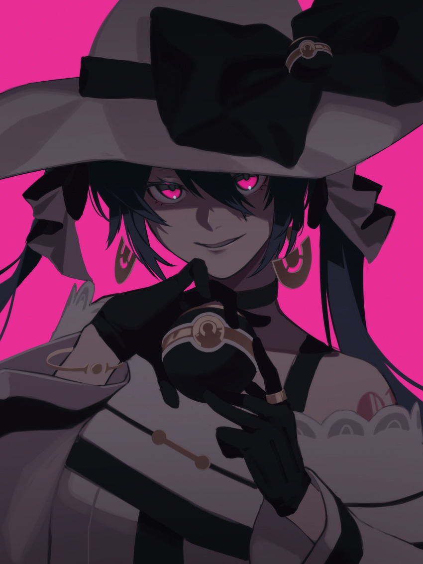 1girl, absurdres, black_bow, black_choker, black_gloves, black_ribbon, bow, bracelet, choker, dark_miku_(project_voltage), dress, earrings, eyelashes, floating_earrings, gloves, glowing, glowing_eyes, hair_between_eyes, hat, hatsune_miku, highres, holding, holding_poke_ball, jewelry, long_hair, looking_at_viewer, luxury_ball, nintendo, partially_shaded_face, pink_background, pink_eyes, poke_ball, pokemon, project_voltage, ribbon, ring, smirk, solo, tenshuu93, twintails, upper_body, vocaloid, white_dress, white_hat