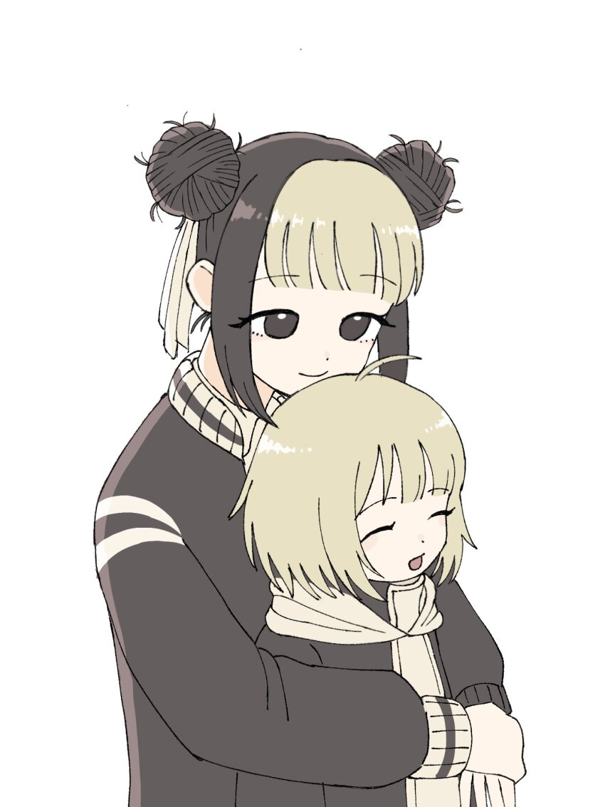 2girls, black_eyes, black_hair, black_jacket, blonde_hair, closed_mouth, hair_ribbon, highres, hinao_(kagurabachi), hug, hug_from_behind, jacket, kagurabachi, kyonagi_char, long_sleeves, multicolored_hair, multiple_girls, remremof, ribbon, simple_background, smile, two-tone_hair, upper_body, white_background, white_ribbon