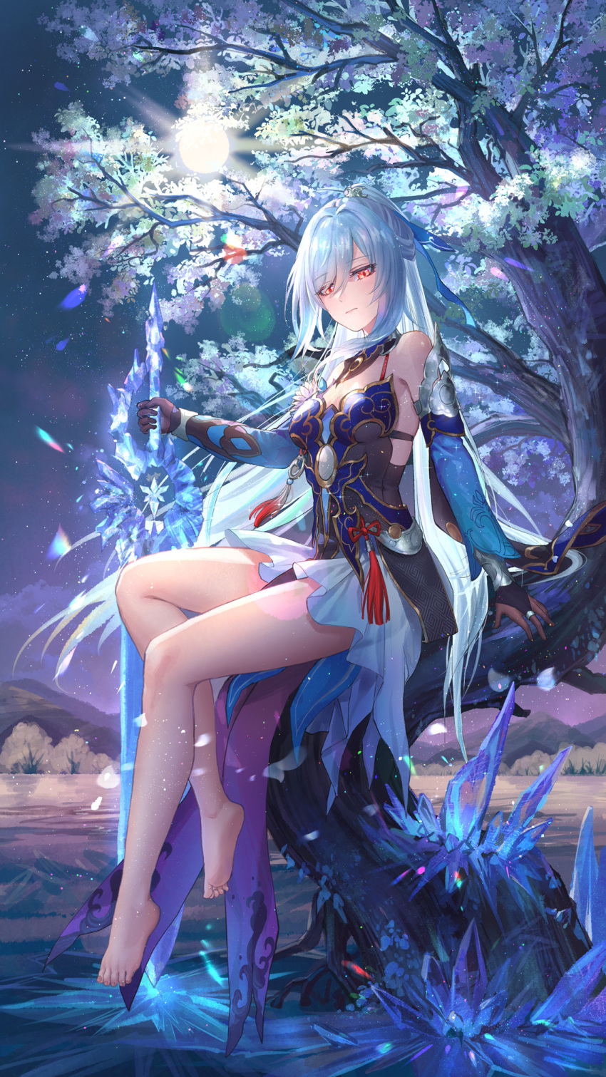 1girl, bare_legs, bare_shoulders, barefoot, black_collar, black_dress, black_gloves, blue_hair