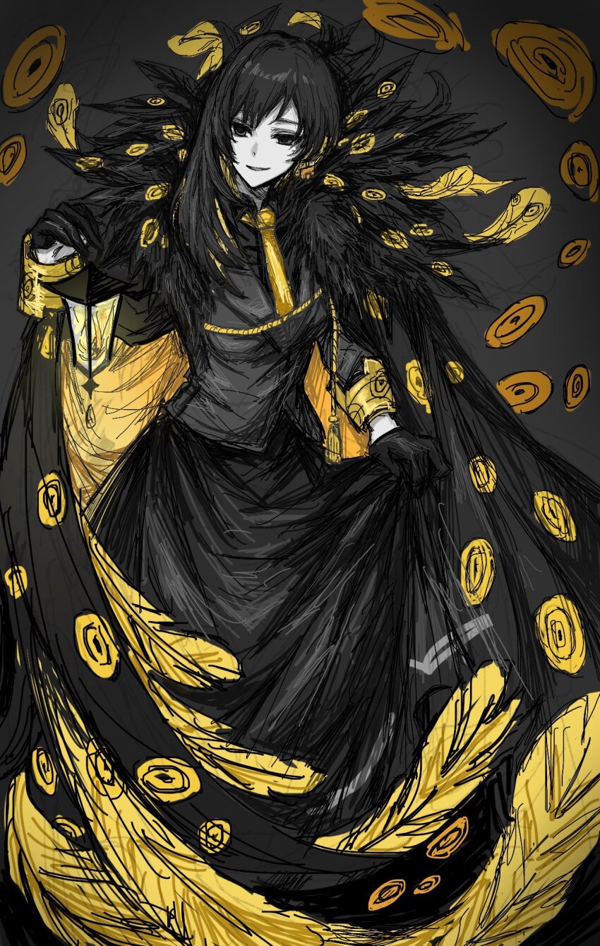 1girl, aiguillette, ashi_(dongshi389), big_bird_(project_moon), binah_(project_moon), black_eyes, black_gloves, black_hair