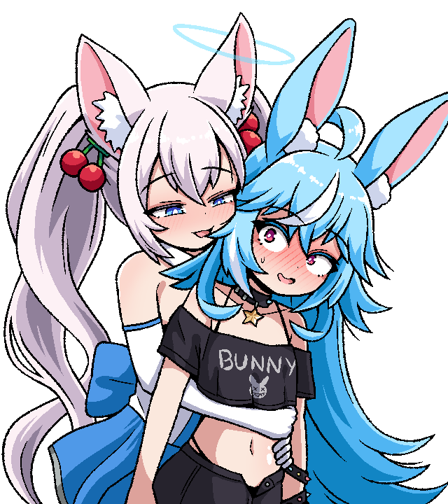 2girls, ahoge, animal_ear_fluff, animal_ears, back_bow, black_choker, black_skirt, blue_bow, blue_eyes, blue_hair, blush, bow, bright_pupils, cherry_hair_ornament, choker, clothes_writing, elbow_gloves, food-themed_hair_ornament, fox_ears, fox_girl, gloves, hair_ornament, halo, hand_on_another's_hip, hug, hug_from_behind, indie_virtual_youtuber, ink_(inksgirls), kirsche_verstahl, long_hair, midriff, multicolored_hair, multiple_girls, nanobites, navel, off-shoulder_shirt, off_shoulder, rabbit_ears, rabbit_girl, shirt, skirt, star_(symbol), star_choker, streaked_hair, sweat, twintails, virtual_youtuber, white_gloves, white_hair, white_pupils, yuri